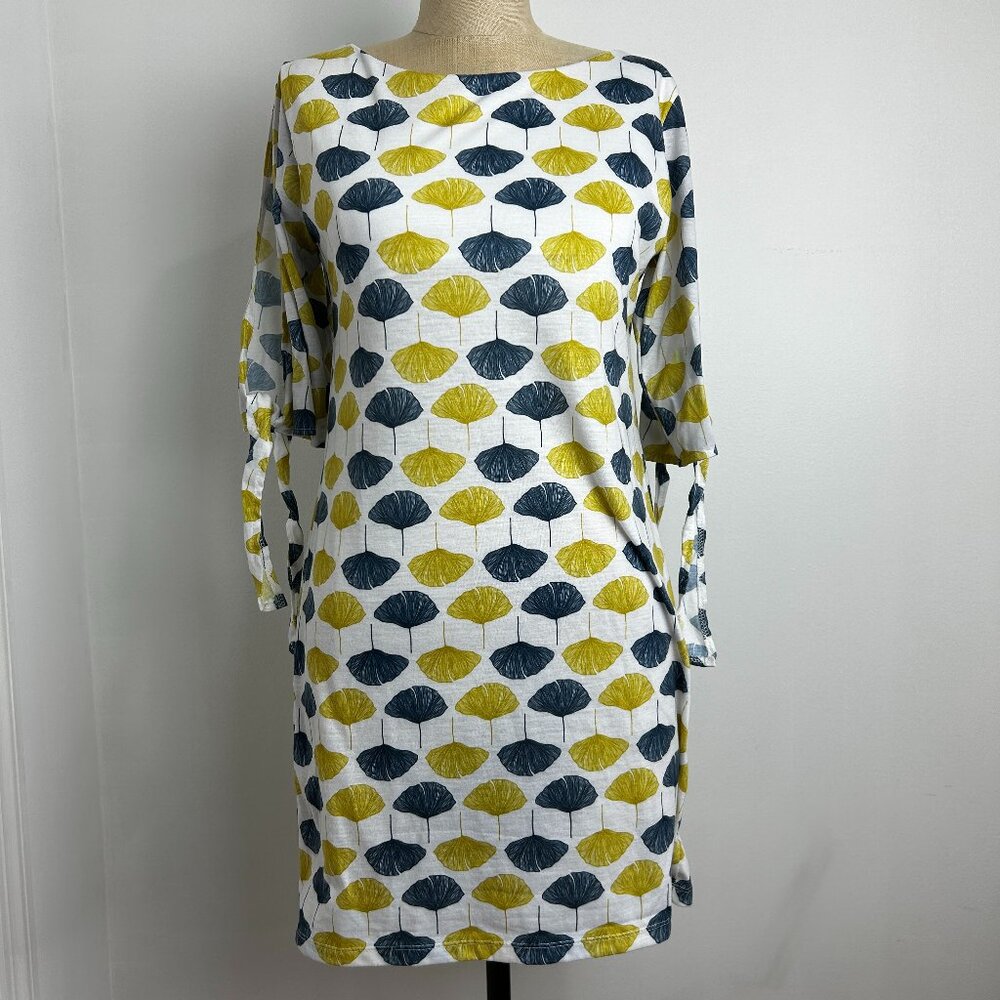 UDG Ginkgo Leaf Print Shift Dress Small White Yellow Blue Boat Neck Tie Sleeve